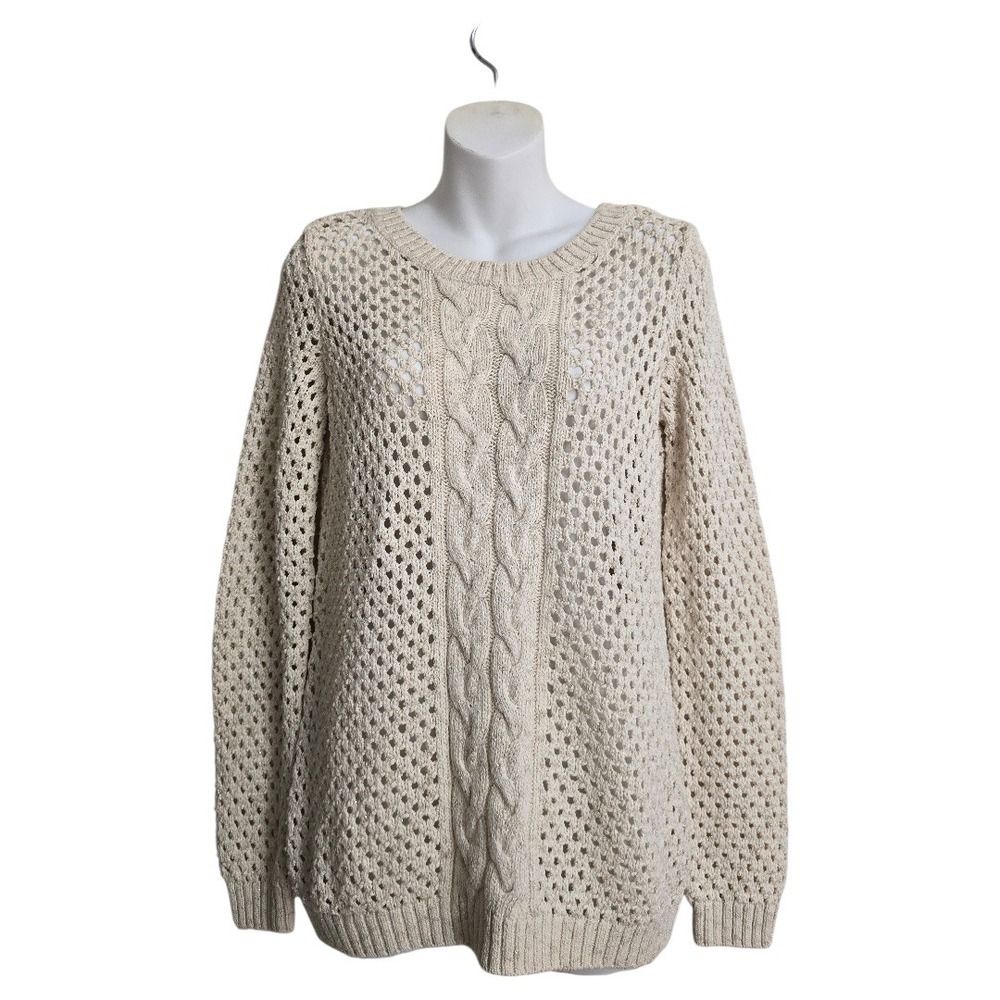 Tommy Bahama Cream Metallic Cable Pointelle Knit Wool Blend Sweater Sz S